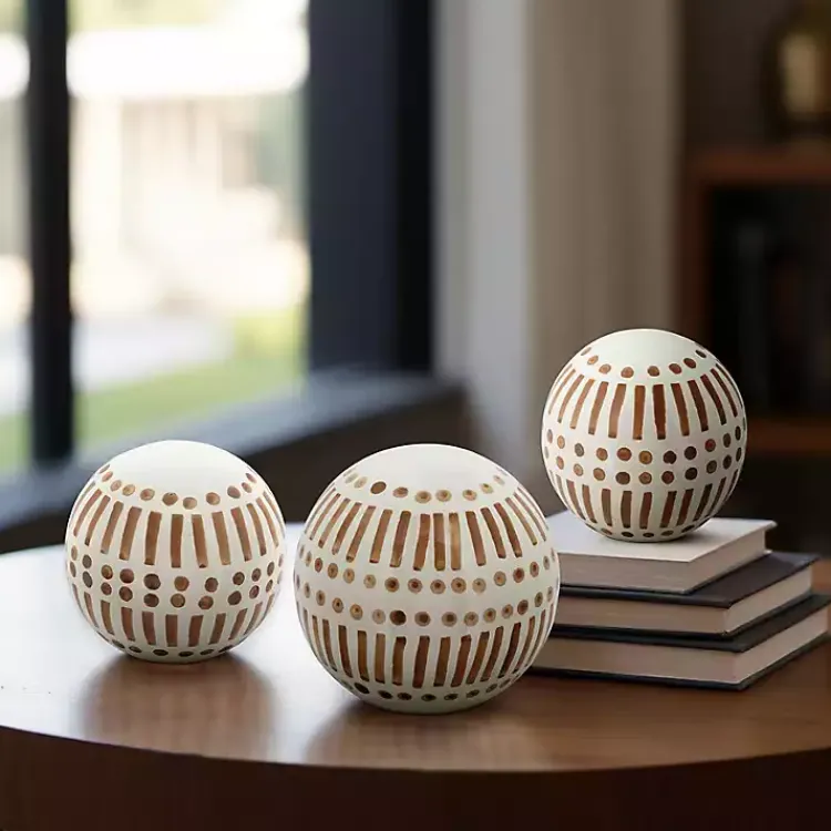 Statues & Figurines>Kirklands Home Tan and White Patterned Orbs, Set of 3