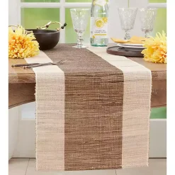 Kirklands Home Tan and White Shimmer Banded Table Runner New
