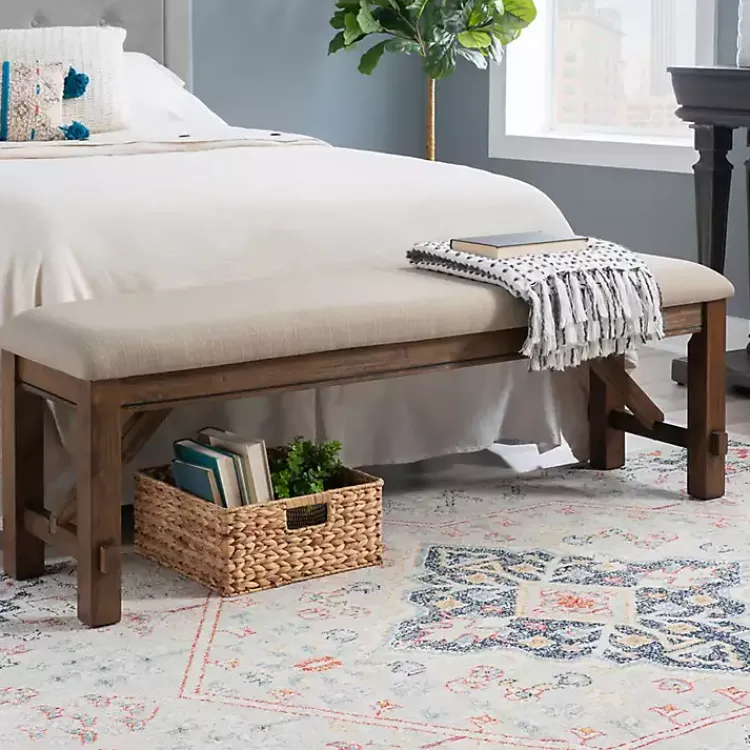 Kirklands Home Basketweave Upholstered Wood Bench Tan Discount