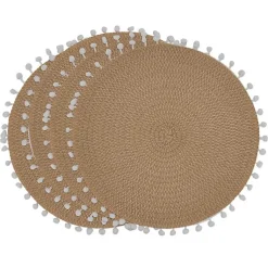 Kirklands Home Circular Pom Pom Placemats, Set of 4 Tan