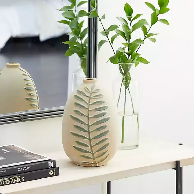 Vases>Kirklands Home Tan Raised Green Fern Ceramic Vase, 10 in.