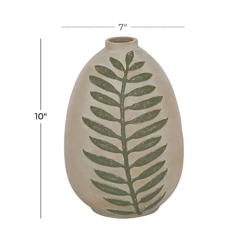 Vases>Kirklands Home Tan Raised Green Fern Ceramic Vase, 10 in.