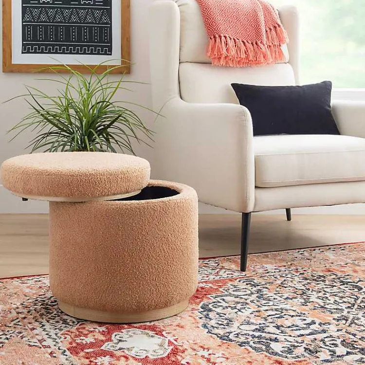 Kirklands Home Sherpa Upholstered Storage Ottoman Tan Outlet