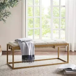 Kirklands Home Tufted Bronze Metal Bench Tan
