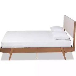 Kirklands Home Tan Upholstered Brown Wood Queen Platform Bed Hot