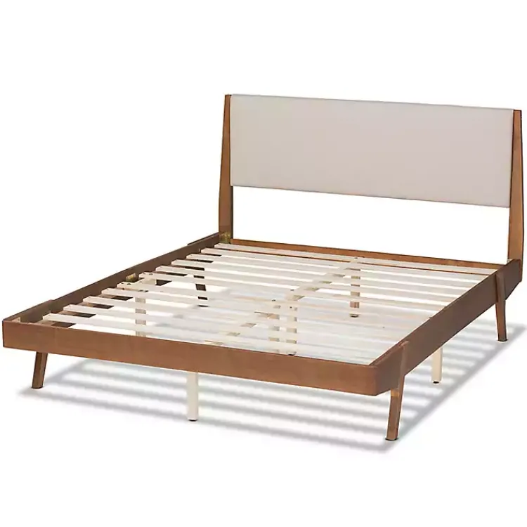 Kirklands Home Tan Upholstered Brown Wood Queen Platform Bed Hot