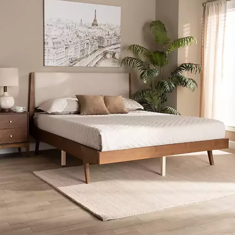 Kirklands Home Tan Upholstered Brown Wood Queen Platform Bed Hot