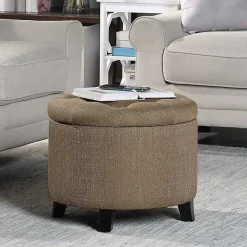 Kirklands Home Upholstered Eliza Round Storage Ottoman Tan Discount