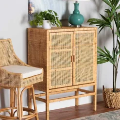 Kirklands Home Woven Rat and Wood Cabinet Tan