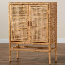 Kirklands Home Woven Rat and Wood Cabinet Tan