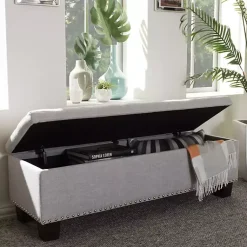 Kirklands Home Taupe Button-Tufted Upholstered Storage Bench Tan Best