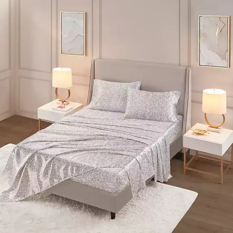Kirklands Home Taupe Leopard Print Satin 4-pc. Full Sheet Set New