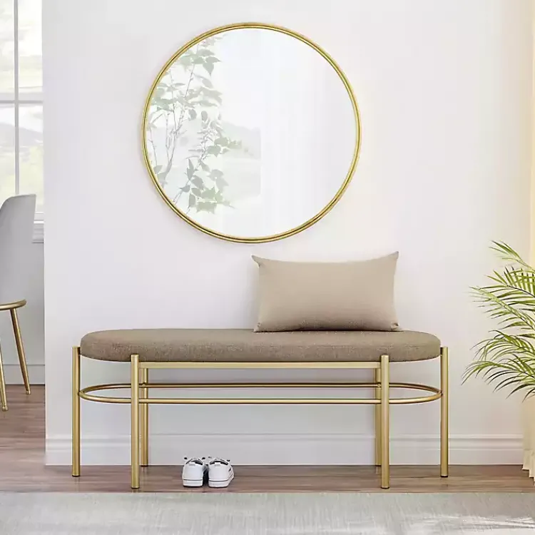 Kirklands Home Taupe Upholstered Gold Metal Leg Bench Gray Outlet