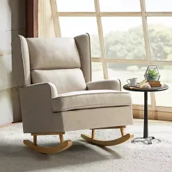 Kirklands Home Taupe Upholstered Natural Base Wingback Rocker Tan New