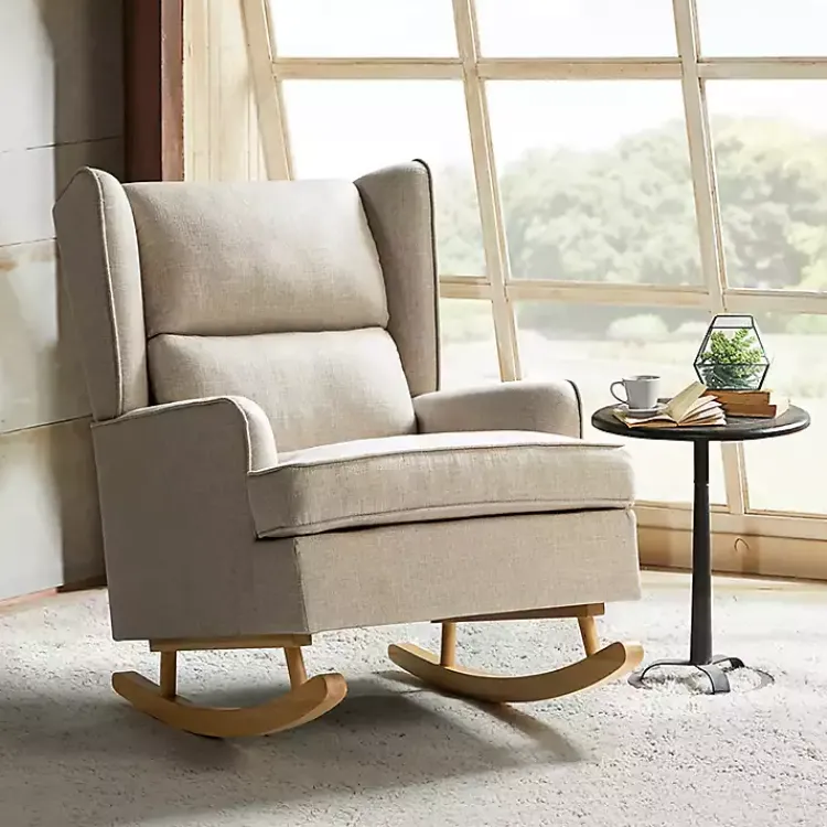 Kirklands Home Taupe Upholstered Natural Base Wingback Rocker Tan New