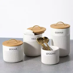 Kirklands Home Tea Ribbed Ceramic Canister Ivory New