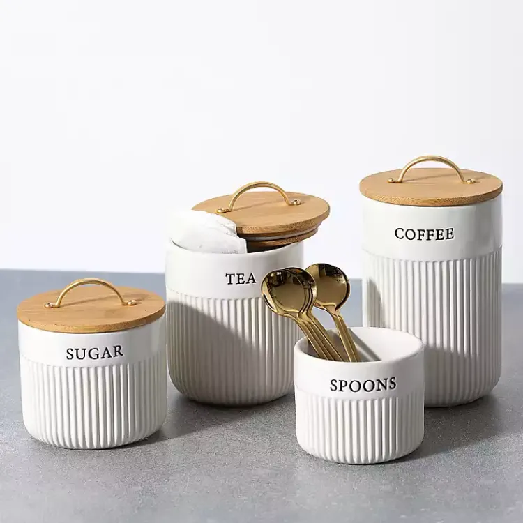 Kirklands Home Tea Ribbed Ceramic Canister Ivory New