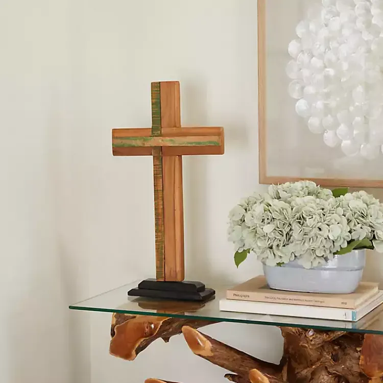 Statues & Figurines>Kirklands Home Teak Wood Cross Tabletop Sculpture Brown
