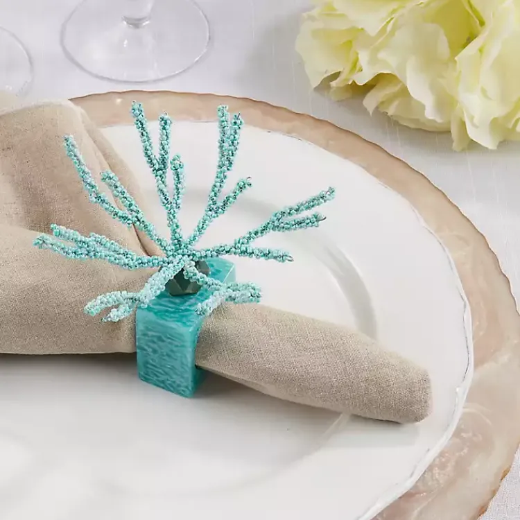Kirklands Home Teal Beaded Coral Napkin Rings, Set of 4 Blue