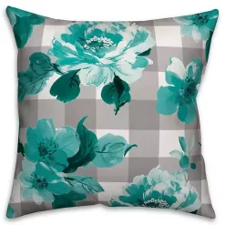 Kirklands Home Teal Floral Buffalo Check Outdoor Pillow Online