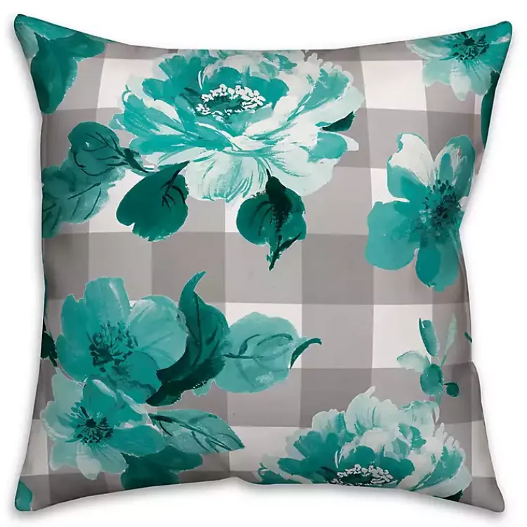 Kirklands Home Teal Floral Buffalo Check Outdoor Pillow Online