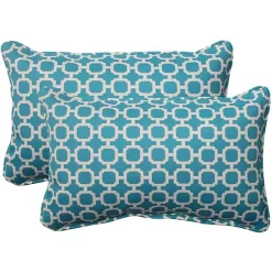 Kirklands Home Teal Hickory Geo Outdoor Lumbar Pillows, Set of 2 Blue New