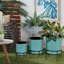 Kirklands Home Teal Metal Round Planters with Stands, Set of 3 Blue New