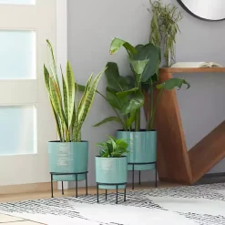 Kirklands Home Teal Metal Round Planters with Stands, Set of 3 Blue New