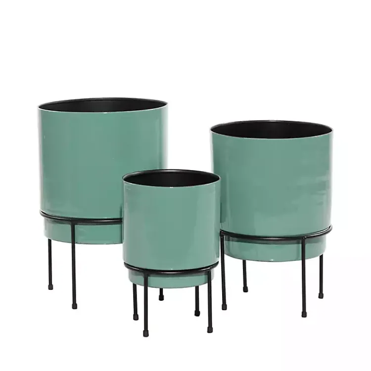 Kirklands Home Teal Metal Round Planters with Stands, Set of 3 Blue New