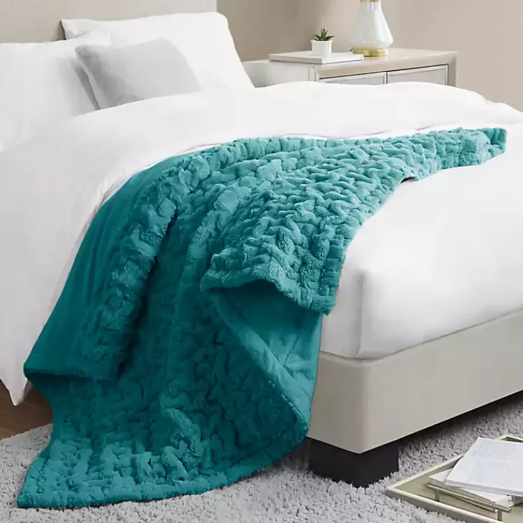 Blankets & Throws>Kirklands Home Teal Ruched Faux Fur Throw Blue