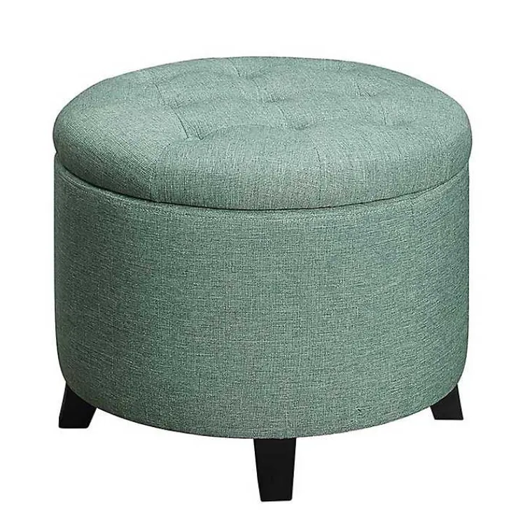Kirklands Home Teal Upholstered Eliza Round Storage Ottoman Blue Best