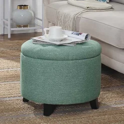 Kirklands Home Teal Upholstered Eliza Round Storage Ottoman Blue Best