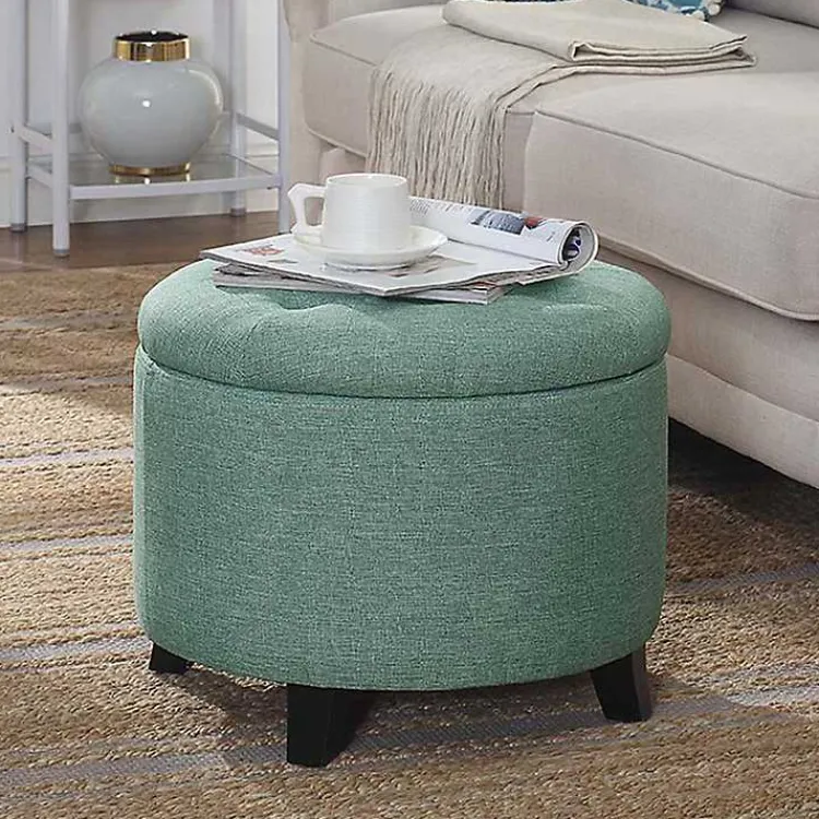 Kirklands Home Teal Upholstered Eliza Round Storage Ottoman Blue Best
