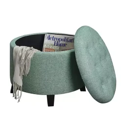 Kirklands Home Teal Upholstered Eliza Round Storage Ottoman Blue Best