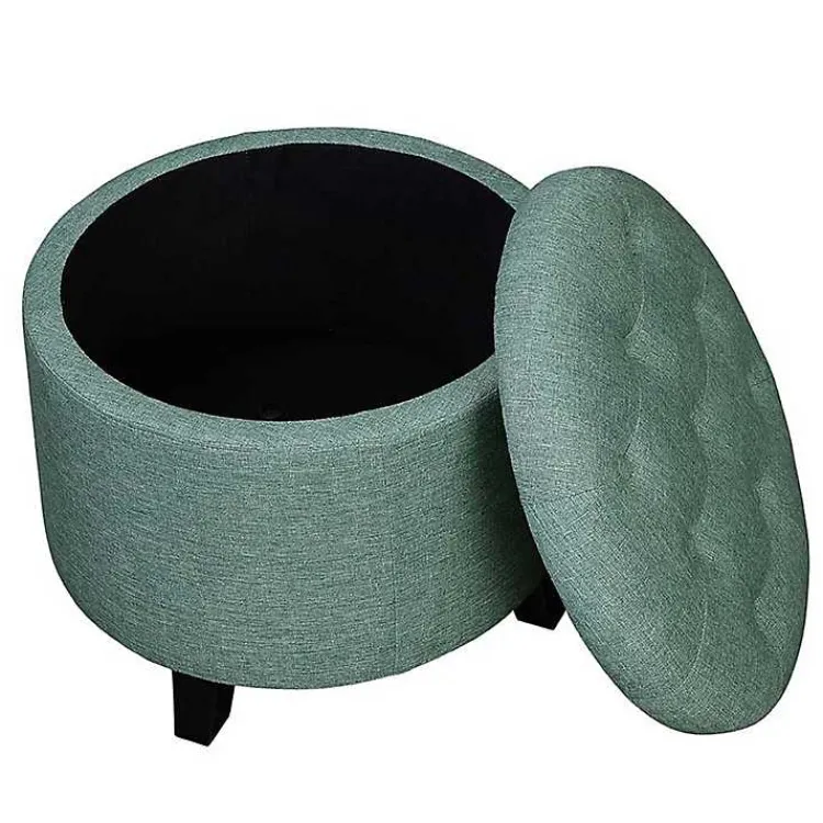 Kirklands Home Teal Upholstered Eliza Round Storage Ottoman Blue Best