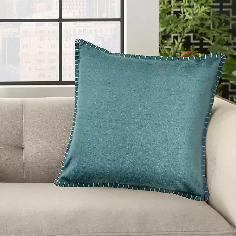 Pillows>Kirklands Home Teal with Embroidered Edge Pillow, 24 in. Blue