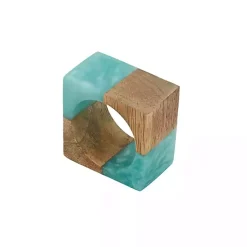 Kirklands Home Teal Wood and Resin Square Napkin Rings, Set of 4 New