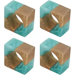 Kirklands Home Teal Wood and Resin Square Napkin Rings, Set of 4 New