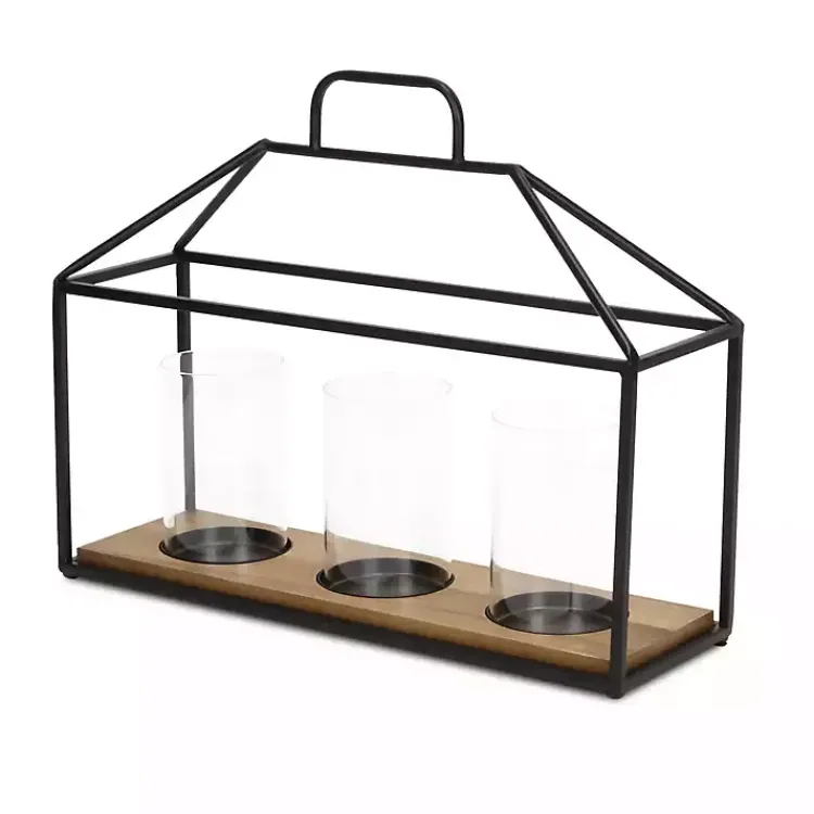 Lanterns>Kirklands Home Three Glass Inserts Black Metal Lantern
