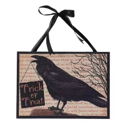 Halloween>Kirklands Home Trick or Treat Crow Spooky Wall Plaque with Ribbon