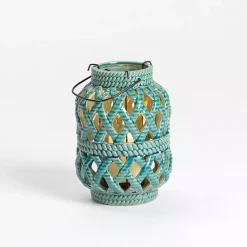 Lanterns>Kirklands Home Turquoise Woven Stoneware Coastal Lantern, 8 in. Blue