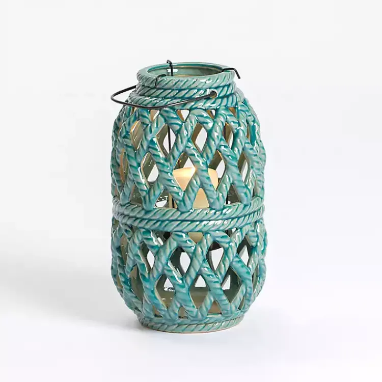 Lanterns>Kirklands Home Turquoise Woven Stoneware Coastal Lantern, 10 in. Blue