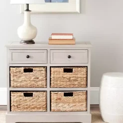 Kirklands Home Vintage Cabinet with Woven Baskets Gray Clearance