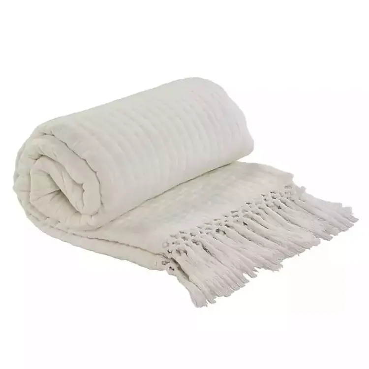 Blankets & Throws>Kirklands Home Vintage Cotton Fringe Throw Ivory
