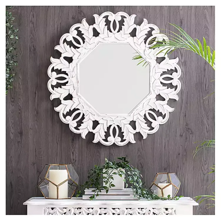 Kirklands Home Vintage White Carved Octagon Wall Mirror Outlet