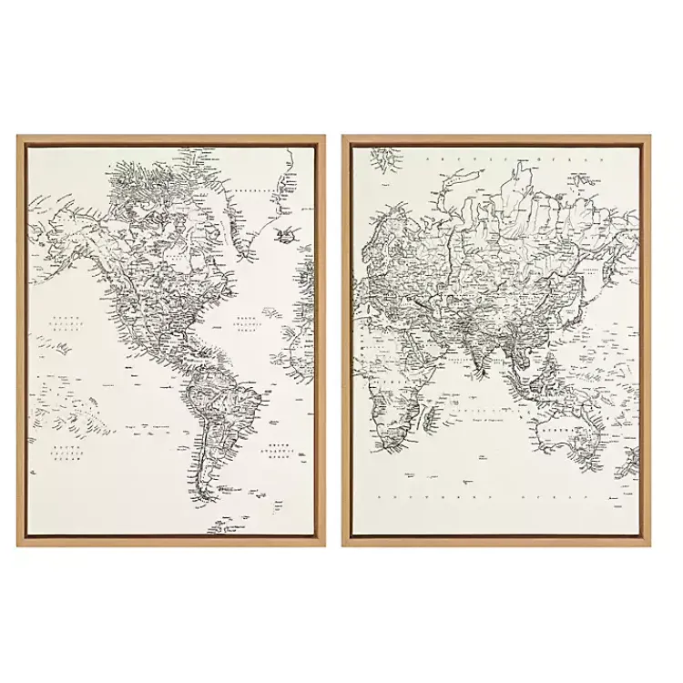 Kirklands Home Vintage World Map Framed Canvas Art, Set of 2 New