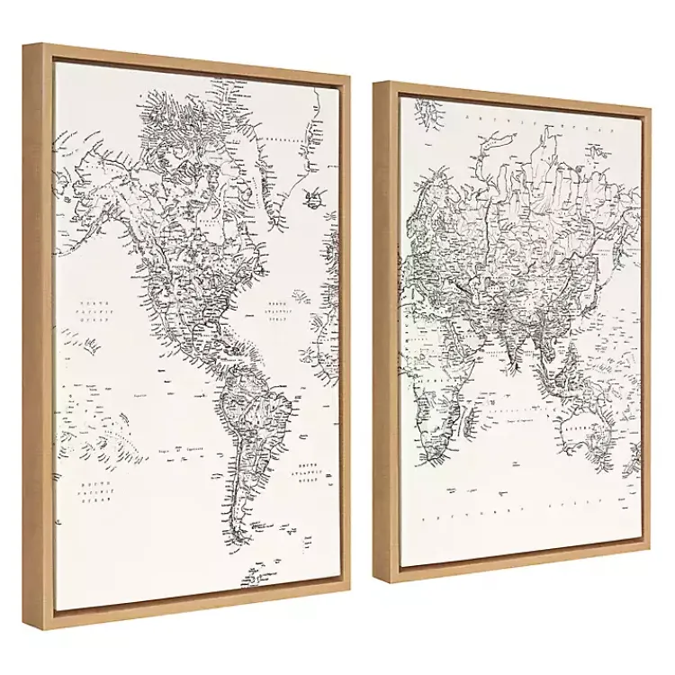 Kirklands Home Vintage World Map Framed Canvas Art, Set of 2 New