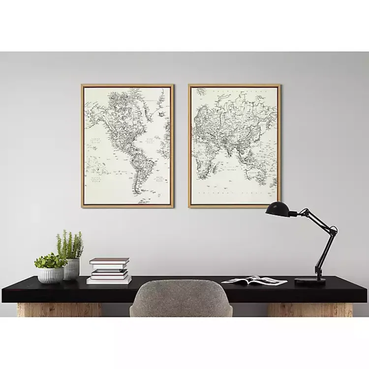 Kirklands Home Vintage World Map Framed Canvas Art, Set of 2 New
