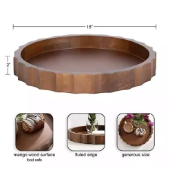 Decorative Trays>Kirklands Home Walnut Fluted Lissi Round Serving Tray Brown