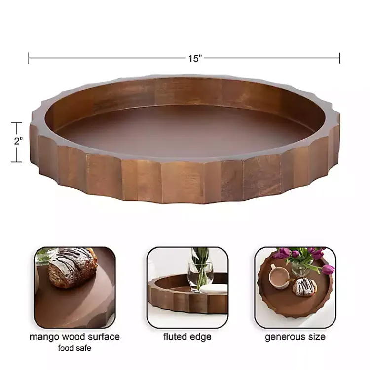 Decorative Trays>Kirklands Home Walnut Fluted Lissi Round Serving Tray Brown